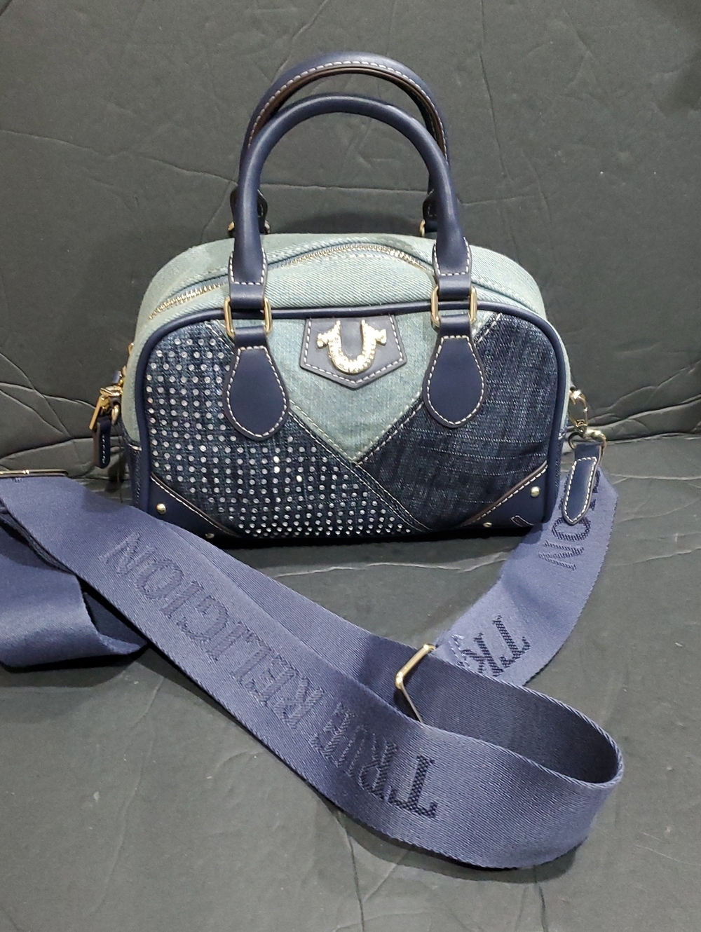 True Religion blue denim crystal rhinestone studded mini crossbody bag BRAND NEW